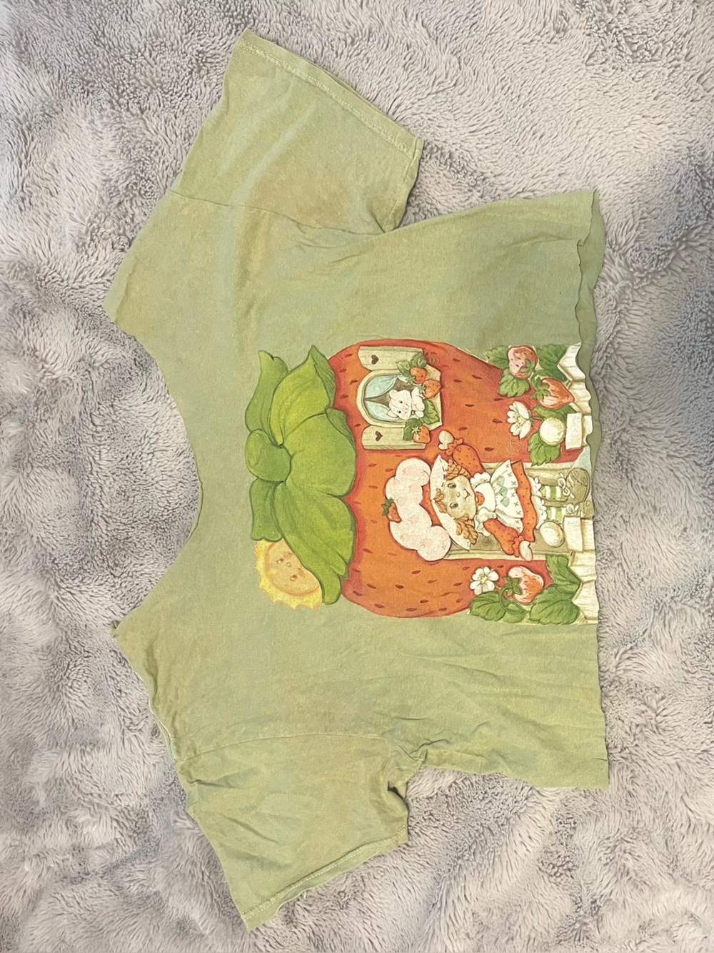 Green Strawberry Shortcake Graphic Off The Shoulder Crop Top
